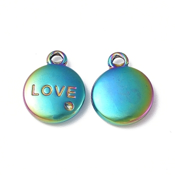 Ion Plating(IP) 304 Stainless Steel Pendant Rhinestone Settings, Flat Round with Word LOVE Charm, Rainbow Color, Fit: 1mm Rhinestone, 13x10.5x3mm, Hole: 1.2mm