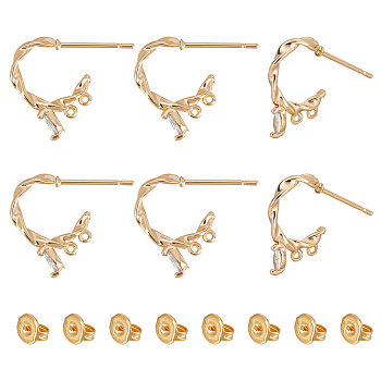 8Pcs Horse Eye Brass with Clear Cubic Zirconia Stud Earrings Findings, with Horizontal Loops and 8Pcs Friction Ear Nuts, Real 18K Gold Plated, 16x2mm, Hole: 0.9mm, Pin: 0.7mm