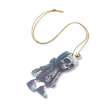 Acrylic Halloween Style Big Pendants with Brass Bell and Nylon Cord, Skeleton, Teal, 319x0.9mm