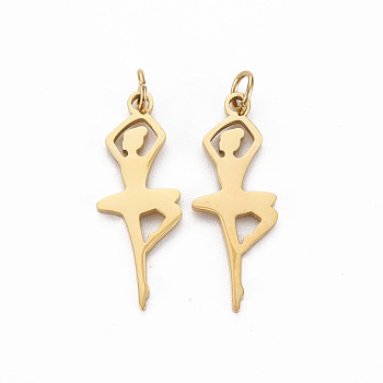 Ion Plating(IP) 316 Surgical Stainless Steel Pendants, with Jump Rings, Laser Cut, Cadmium Free & Nickel Free & Lead Free, Ballet Dancer, Real 14K Gold Plated, 22x8x1mm, Hole: 2.5mm