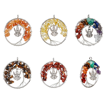 1 Set Natural Mixed Stone Chip Big Pendants, Alloy Angel Gemstone Tree of Life Charms, Antique Silver, 55~57.5x48~50x6~9mm, Hole: 4mm, 5pcs/set