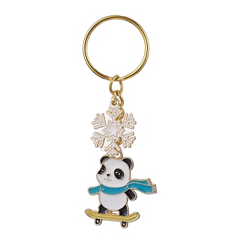 Snowflake & Panda Alloy Enamel Pendant Keychains, with Iron Split Key Rings, Golden, 8.1cm, Pendant: 30x27x1.7mm