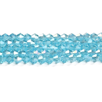 Transparent Electroplate Glass Beads Strands, AB Color Plated, Faceted, Bicone, Light Sky Blue, 4x4mm, Hole: 0.8mm, about 87~98pcs/strand, 12.76~14.61 inch(32.4~37.1cm)