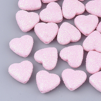 Opaque Acrylic Beads, with Glitter Powder, Heart, Pearl Pink, 12.5x13.5x6mm, Hole: 1.5mm
