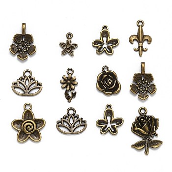 Tibetan Style Alloy Pendants, Nickel Free, Flower, Mixed Style, Antique Bronze, 8~65x6~47x1~8mm, Hole: 1~11x8mm