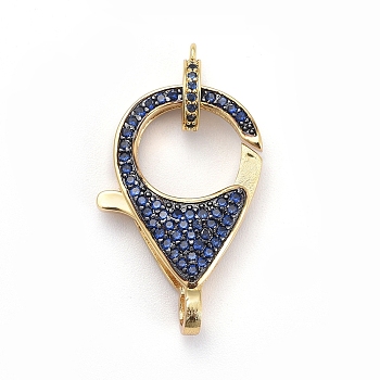 Brass Micro Pave Cubic Zirconia Lobster Claw Clasps, with Bail Beads/Tube Bails, Blue, Golden, Clasp: 27x17x5mm, Hole: 3mm, Tube Bails: 10x8x2mm, Hole: 1mm