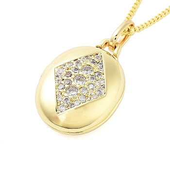 Brass Micro Pave Clear Cubic Zirconia Satellite Chain Locket Pendant Necklaces for Women, Real 18K Gold Plated, Oval, 17.83 inch(45.3cm)