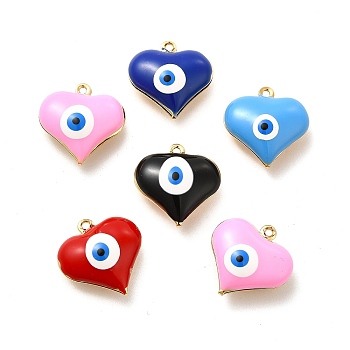 Brass Enamel Pendants, Real 18K Gold Plated, Long-Lasting Plated, Heart with Evil Eye, Mixed Color, 17x16.5x7mm, Hole: 1.2mm