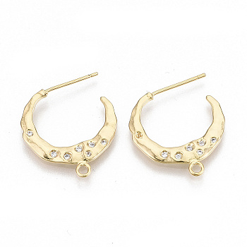Brass Stud Earring Findings, Half Hoop Earrings, with Loop & Cubic Zirconia, Clear, Nickel Free, Real 18K Gold Plated, 21x20x1.5mm, Hole: 1.5mm, Pin: 0.8mm