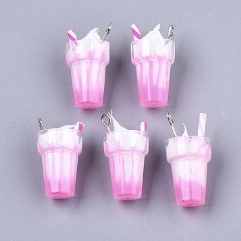 Resin Pendants, Imitation Ice Cream Bubble Tea Charms, with Platinum Tone Iron Loop and Polymer Clay, Pearl Pink, 24~26x13mm, Hole: 1.8mm
