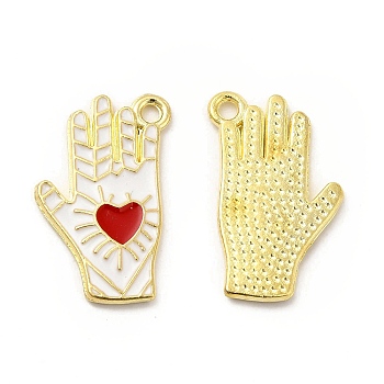 Alloy Enamel Pendants, Hand with Heart Pattern, Platinum, Golden, White, 21.5x14x1.5mm, Hole: 1.6mm