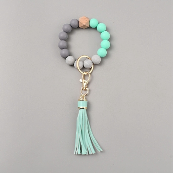 Silicone Round Beaded Keychain Wristlet, with Alloy Keychain Clasps Finding and PU Leather Tassel, Aquamarine, 23cm