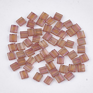 2-Hole Transparent Glass Seed Beads, Dyed, Rectangle, BurlyWood, 5x4.5~5.5x2~2.5mm, Hole: 0.5~0.8mm(SEED-S023-25C-01)
