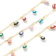 Light Gold Brass Bar Link Chain, with Enamel Evil Eye Charms, Long-Lasting Plated, with Spool, Soldered, Colorful, 8x4x4mm(CHC-H103-13A-LG)