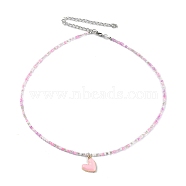 Alloy Enamel Heart Charm Necklace, Glass Seed Beaded Necklace for Women, Pink, 17.13 inch(43.5cm)(NJEW-PH01493-03)