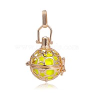 Golden Plated Brass Hollow Round Cage Pendants, with No Hole Spray Painted Brass Round Beads, Yellow, 35x25x21mm, Hole: 3X8mm(KK-J226-11G)