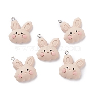 Opaque Resin Pendants, with Platinum Tone Iron Loops, Rabbit Head, Antique White, 27x22x9.5mm, Hole: 2mm(RESI-F030-02)