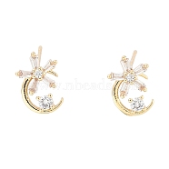 Moon with Flower Brass Micro Pave Cubic Zirconia Stud Earrings, with Glass, Light Gold, 11x7.5mm(EJEW-Q800-24KCG)