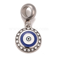 304 Stainless Steel Crystal Rhinestone European Dangle Charms, Large Hole Pendants, with Enamel, Stainless Steel Color, Flat Round with Evil Eye, Blue, 24mm, Hole: 4.5mm(X-STAS-F278-15P)