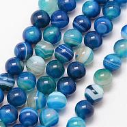 Natural Striped Agate/Banded Agate Bead Strands, Round, Grade A, Dyed & Heated, Deep Sky Blue, 10mm, Hole: 1mm, about 37pcs/strand, 15 inch(G-K166-13-10mm-06)