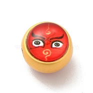Alloy Enamel Beads, with Glass, Lead Free & Cadmium Free, Mette Gold Color, Round with Face Pattern, Red, 12.5x11.4mm, Hole: 1.8mm(ENAM-K067-77MG-01)