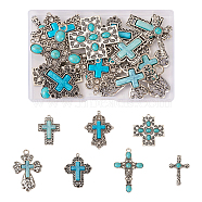 Pandahall 14Pcs 7 Styles Synthetic Turquoise Big Pendants, with Antique Silver Tone Alloy Findings, Religion Cross Charm, 39.5~70x25.5~45x6mm, Hole: 2~3mm, about 2pcs/style(G-TA0001-42)