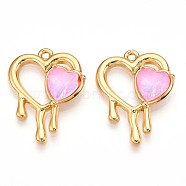 304 Stainless Steel Rhinestone Pendants, Heart, Ion Plating(IP), Real 18K Gold Plated , Light Rose, 25.2x20x5mm, Hole: 1.6mm(STAS-T064-54)