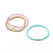 Opaque Acrylic Stretch Beaded Bracelets Sets, with Heart Brass Beads, Golden, Mixed Color, Inner Diameter: 2-3/8 inch(6cm), 4pcs/set(BJEW-JB06236)