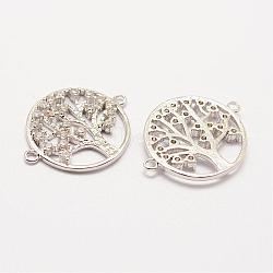 Brass Micro Pave Grade AAA Cubic Zirconia Links, Long-Lasting Plated, Tree of Life, Cadmium Free & Nickel Free & Lead Free, Real Platinum Plated, 24x17x2mm, Hole: 1mm(ZIRC-G090-95P-NR)