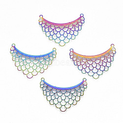 Ion Plating(IP) 201 Stainless Steel Filigree Joiners Links, Etched Metal Embellishments, Fish Scale Pattern, Rainbow Color, 23x31x0.3mm, Hole: 1.4mm(STAS-R114-034)