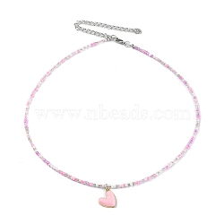 Alloy Enamel Heart Charm Necklace, Glass Seed Beaded Necklace for Women, Pink, 17.13 inch(43.5cm)(NJEW-PH01493-03)