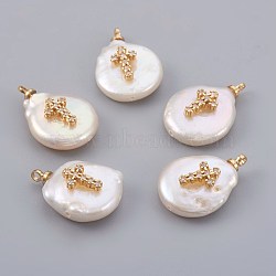 Natural Cultured Freshwater Pearl Pendants, with Cubic Zirconia and Brass Findings, Long-Lasting Plated, Cross, Real 18K Gold Plated, 14~21x9~16x5~9mm, Hole: 1.5mm(X-PEAR-F008-19G)