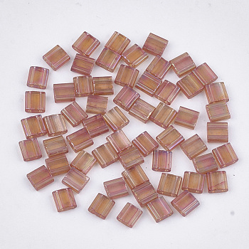 2-Hole Transparent Glass Seed Beads, Dyed, Rectangle, BurlyWood, 5x4.5~5.5x2~2.5mm, Hole: 0.5~0.8mm