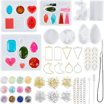 Olycraft DIY Jewelry Kit, with Pendant Silicone Molds, Brass Earring Hooks, Waxed Cotton Cord Necklace, Alloy Open Back Bezel Pendants, Sequins, Iron Chain Extender, White, 72x35x10mm