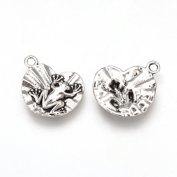 Tibetan Style Alloy Pendants, Frog on Lily Pad Charms, Amphibian Charms, Cadmium Free & Lead Free, Antique Silver, 16x18x3mm, Hole: 2mm