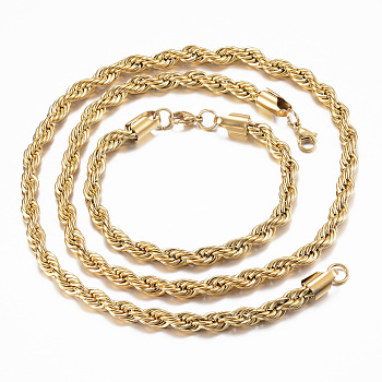 304 Stainless Steel Chain Necklaces and Bracelets Jewelry Sets, with Lobster Claw Clasps, Golden, 25.59 inch(65cm), 220mm