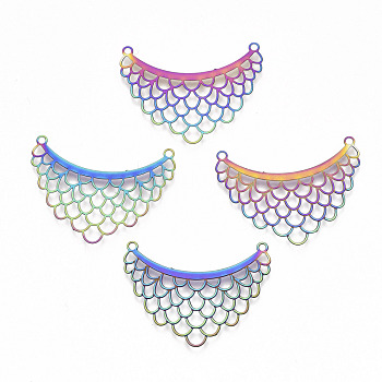 Ion Plating(IP) 201 Stainless Steel Filigree Joiners Links, Etched Metal Embellishments, Fish Scale Pattern, Rainbow Color, 23x31x0.3mm, Hole: 1.4mm