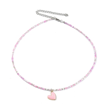 Alloy Enamel Heart Charm Necklace, Glass Seed Beaded Necklace for Women, Pink, 17.13 inch(43.5cm)