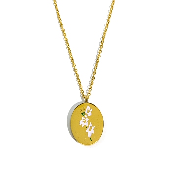 Birth Month Flower Style Titanium Steel Oval Pendant Necklace, Golden, August Gladiolus, 15.75 inch(40cm)
