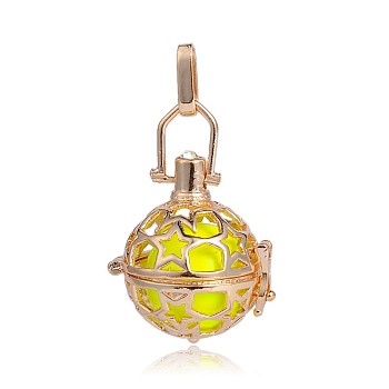 Golden Plated Brass Hollow Round Cage Pendants, with No Hole Spray Painted Brass Round Beads, Yellow, 35x25x21mm, Hole: 3X8mm