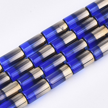 Half Electroplate Glass Beads Strands, Column, Blue, 19.5~20x10mm, Hole: 1.4mm, about 15~17pcs/strand, 13.39 inch(34cm)