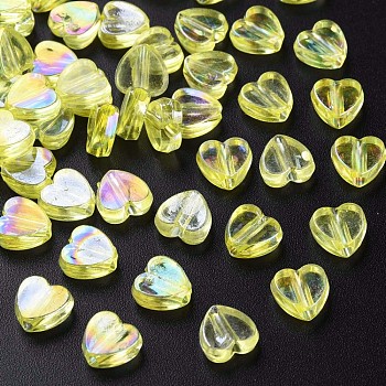 Transparent Acrylic Beads, AB Color Plated, Heart, Yellow, 7.5x8x3mm, Hole: 1.8mm, about 3620pcs/500g
