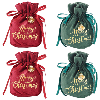 4Pcs 2 Colors Christmas Velvet Candy Apple Bags, Gold Stamping Word Merry Christmas Drawstring Pouches with Alloy Safety Pins and Bell, for Gift Wrapping, Mixed Color, 15x15cm, 2pcs/color