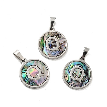 304 Stainless Steel with Paua Shell Pendants, Stainless Steel Color, Flat Round with Letter Charm, Letter.Q, 18x16x1.5mm, Hole: 3x6mm
