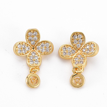 Brass Clear Cubic Zirconia Pendants, Nickel Free, Flower, Real 18K Gold Plated, 22x14x4mm, Hole: 0.9mm, Flat Round: 7x5x1.5mm
