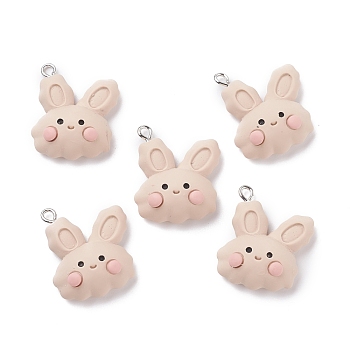 Opaque Resin Pendants, with Platinum Tone Iron Loops, Rabbit Head, Antique White, 27x22x9.5mm, Hole: 2mm