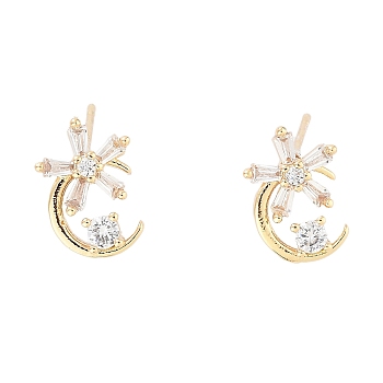 Moon with Flower Brass Micro Pave Cubic Zirconia Stud Earrings, with Glass, Light Gold, 11x7.5mm