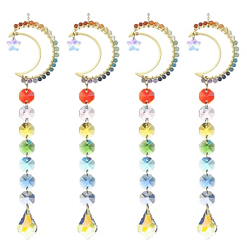 Glass Teardrop Pendant Decorations, Hanging Suncatchers, with Octagon Glass Link and Natural Gemstone, for Home Decorations, Moon, 263mm