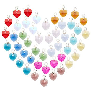 12Pcs 12 Color Copper Wire Wrapped Faceted Glass Pendants, Heart Charms, Mixed Color, 15x10x5mm, Hole: 3mm, 1Pc/color