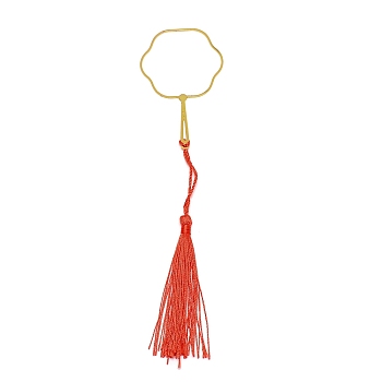 Chinese Ancient Hand Fan Shape Brass Wire Wrap Metal Bookmark with Tassel for Book Lover, Golden, Red, 217mm